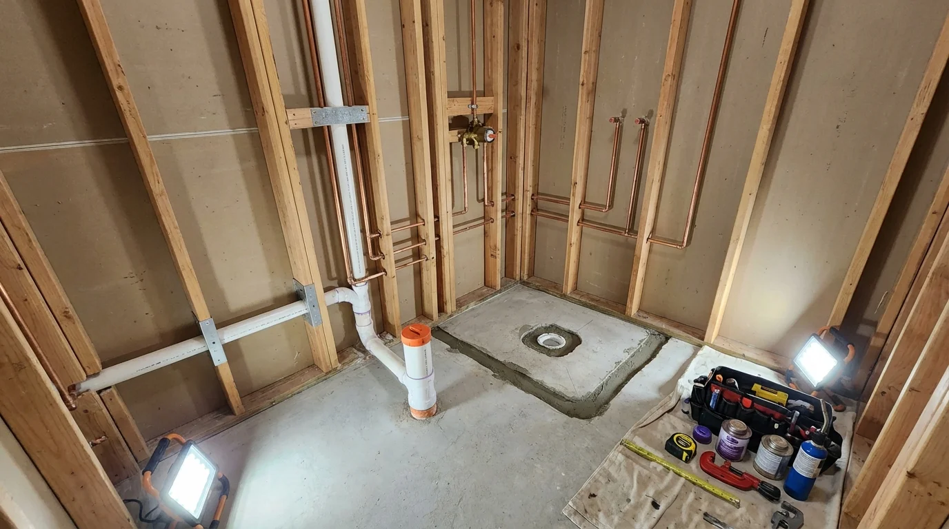 Bathroom rough-in plumbing during remodel by Johns Plumbing LLC in Wahoo