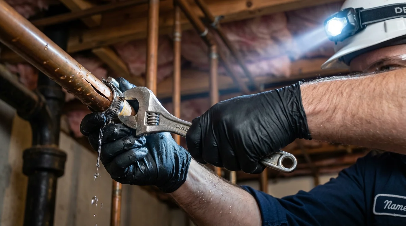 Emergency pipe clamp repair being performed by a Johns Plumbing LLC plumber in Wahoo