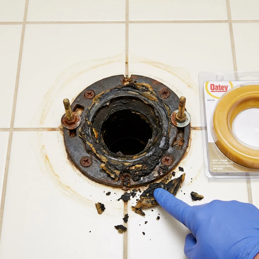 Failed wax ring showing water seepage at the base of a toilet in a Wahoo, NE home